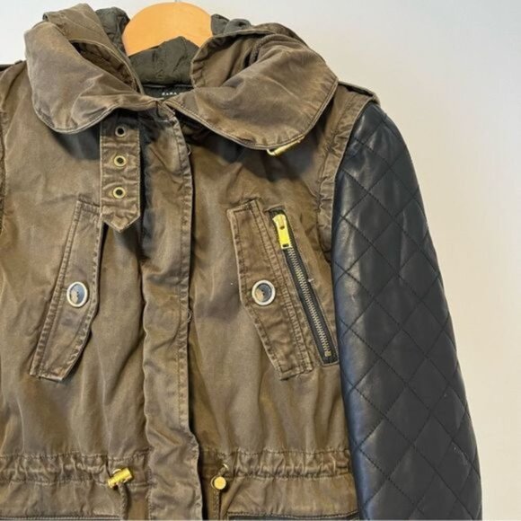 Zara women olive green winter jacket with faux leather quilted small sleeves - Picture 9 of 9